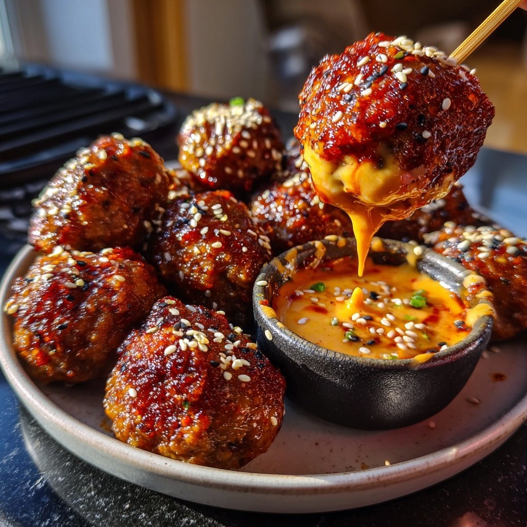 Korean BBQ Meatballs with Spicy Mayo Dip