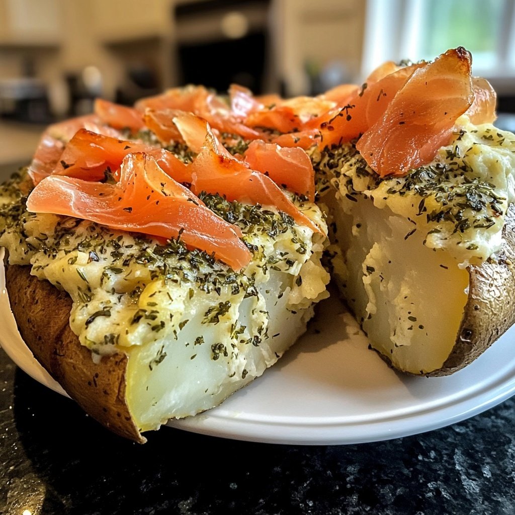 Loaded Baked Potatoes with Herb Cream and Smoked Salmon