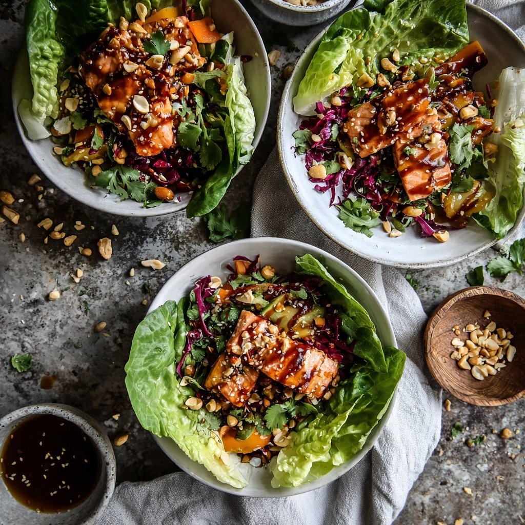 Peanut Soy Salmon Lettuce Bowls